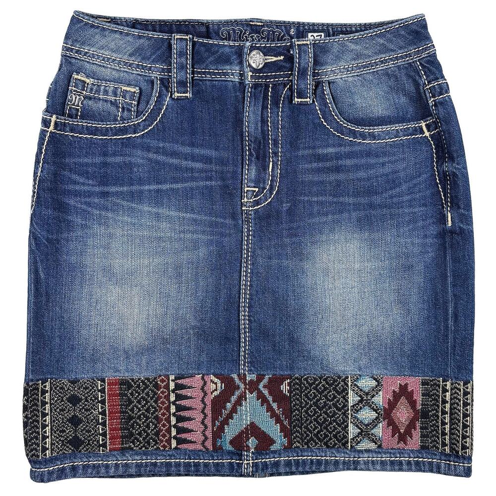 Miss Me High Rise Denim Skirt Women 27 Blue Boho Western Aztec Festival Cowgirl